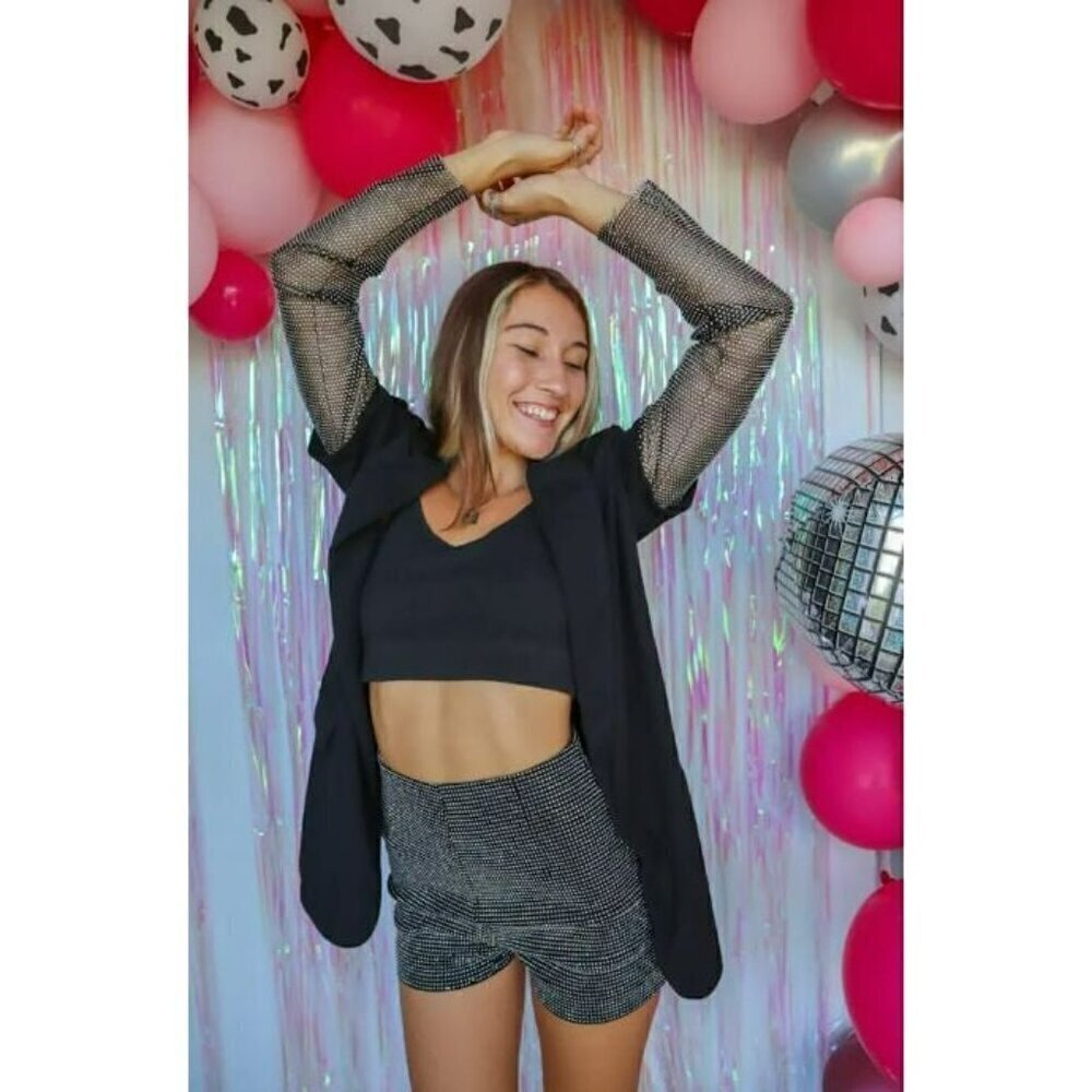 Got A Reputation High Waisted Rhinestone Diamond Shorts in Black - Picture 6 of 10